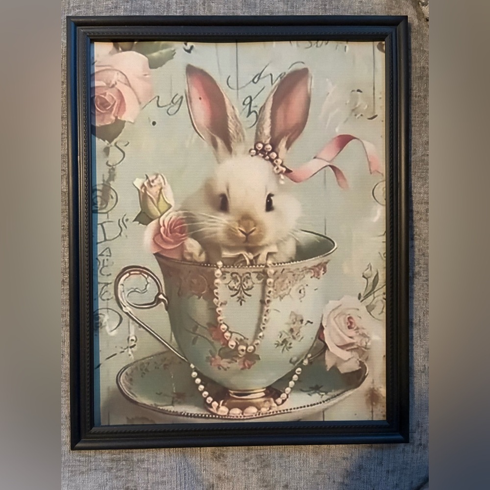 Framed Bunny in Teacup Art Print